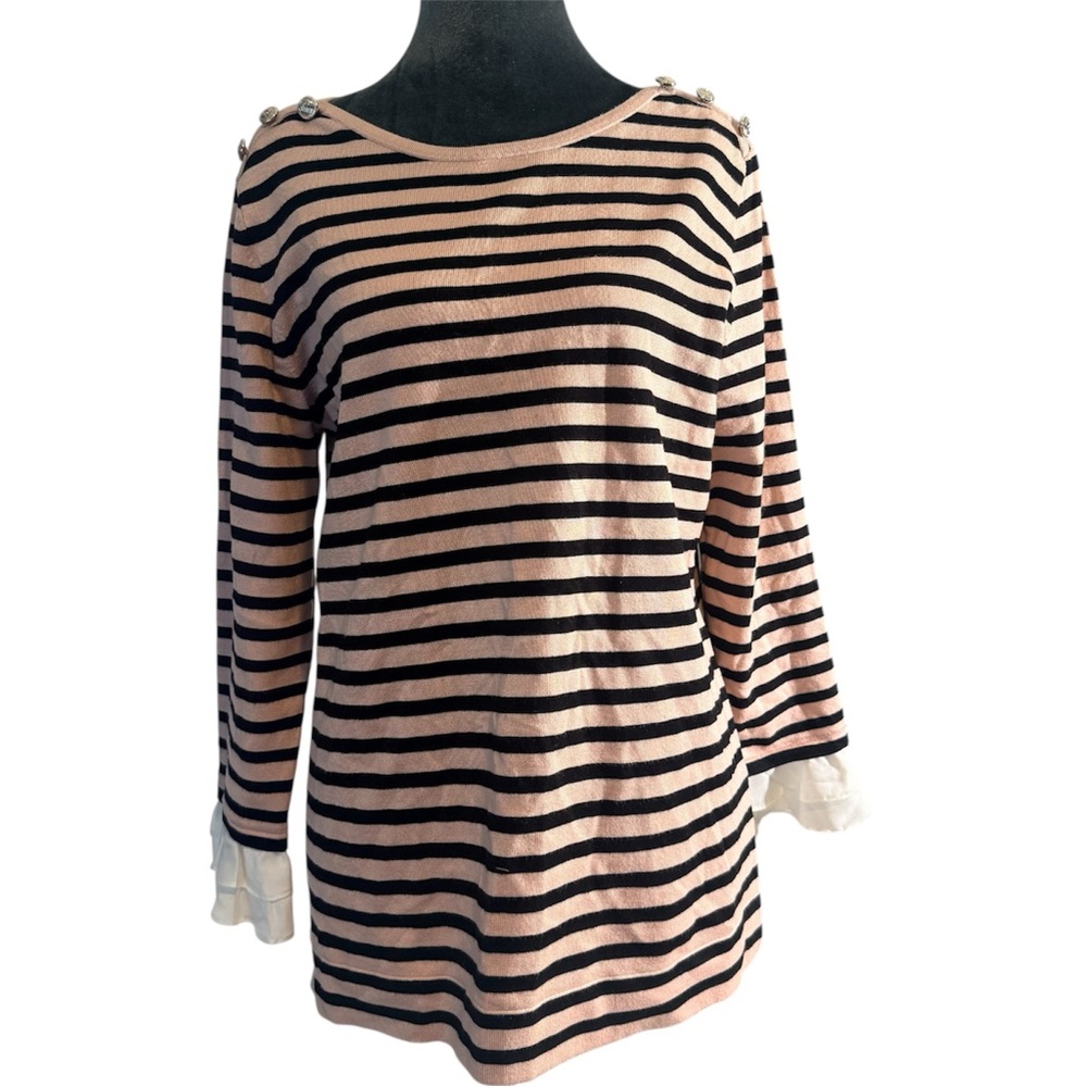 Karl Lagerfeld Paris Striped Knit Top Size M Pink Black Gold Button Ruffle